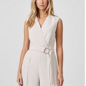 New Elegant Cream Sleeveless Blush Pink Textured V-Neck Jumpsuit Belted Size XXL